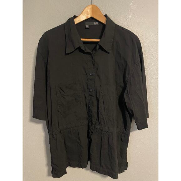 Eileen Fisher Shirt Womens XL Black Linen Blend Button Front Collared Top Boxy - Picture 1 of 8